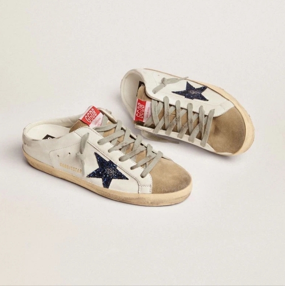 Golden Goose Shoes - Golden Goose Sabot White and Tan Sneakers with Blue Star Size 39